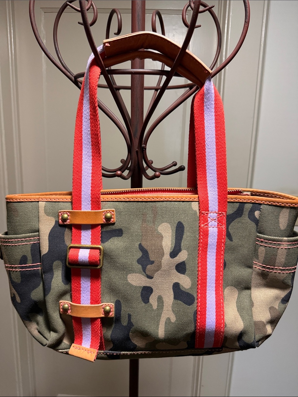 GAP Camo Canvas Tote with Red & Pink Striped Handles
